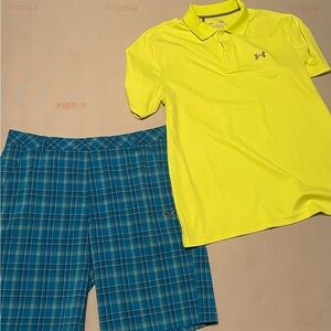 Men’s large bright yellow Under Armour shirt and size 36 puma men’s shorts